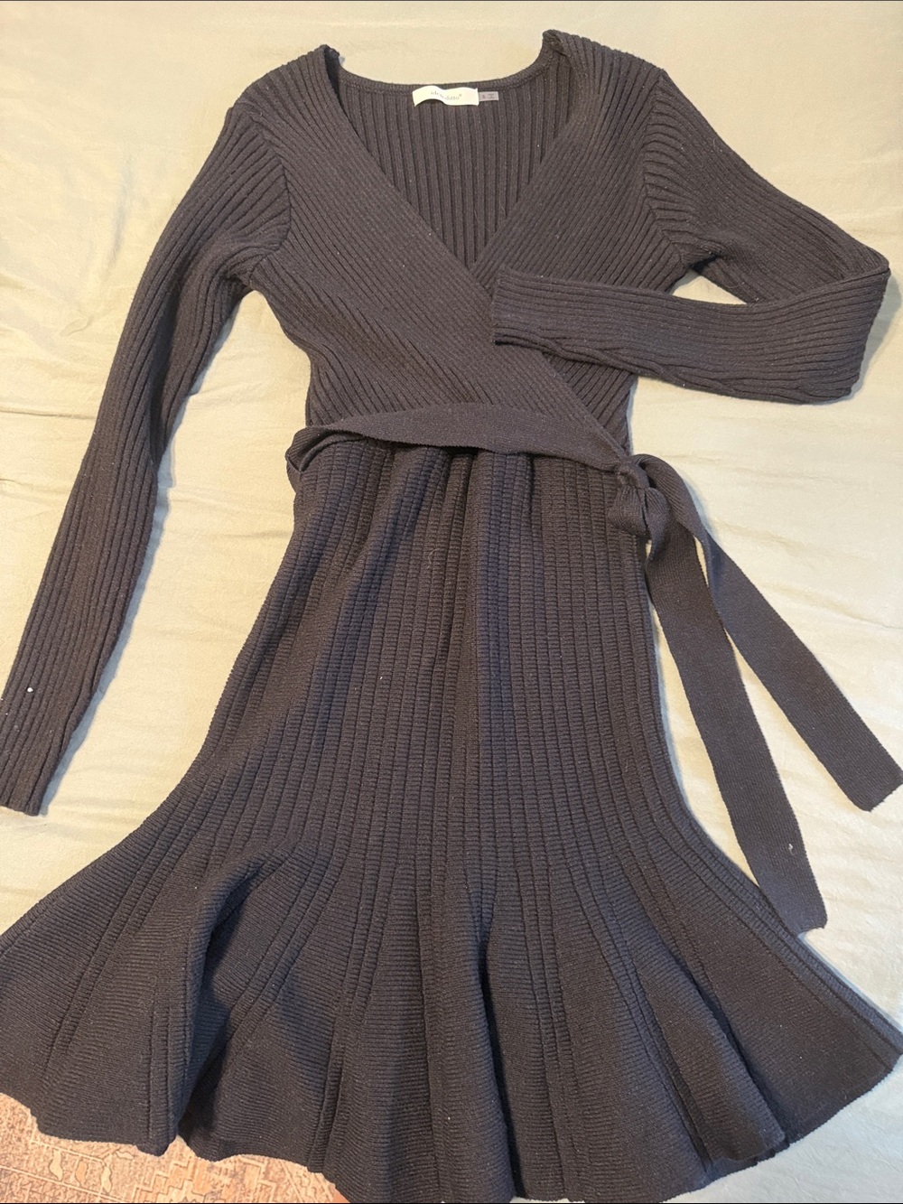 Ribbed Wrap Knit Long-Sleeve Dress in Charcoal